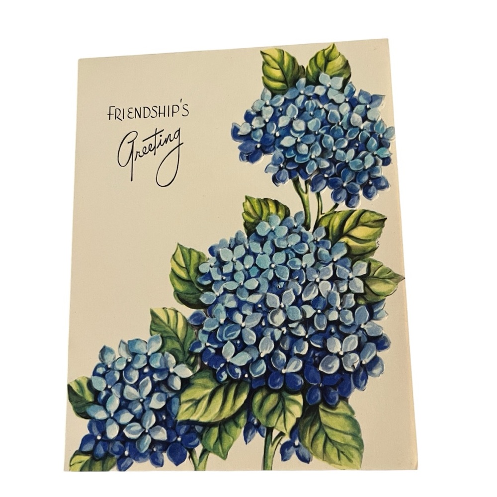 Unused Vintage Greeting Card Friendships Greeting Blue Hydrangea